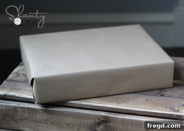 Brown Kraft paper wrapped gift being prepared for embellishments