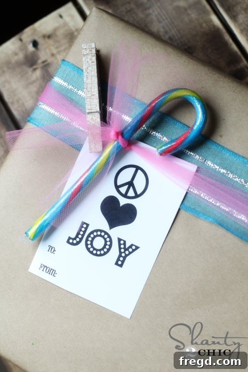 Colorful holiday gift wrapping for kids with ribbons, twine, and a tag