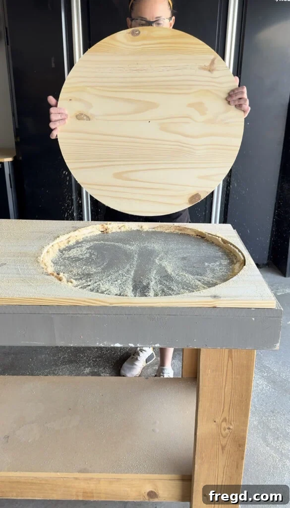 The fully cut wood circle with clean edges.
