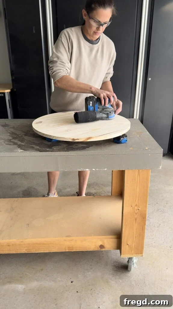Sanding the wood circle with the Kreg Random Orbit Sander.