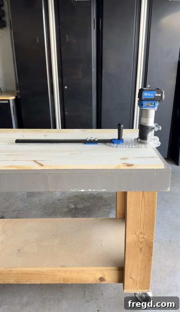 Close-up of the Kreg Trim Router and Circle Guide setup.