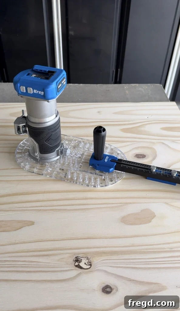 The Kreg Trim Router Circle Guide attached to the router.